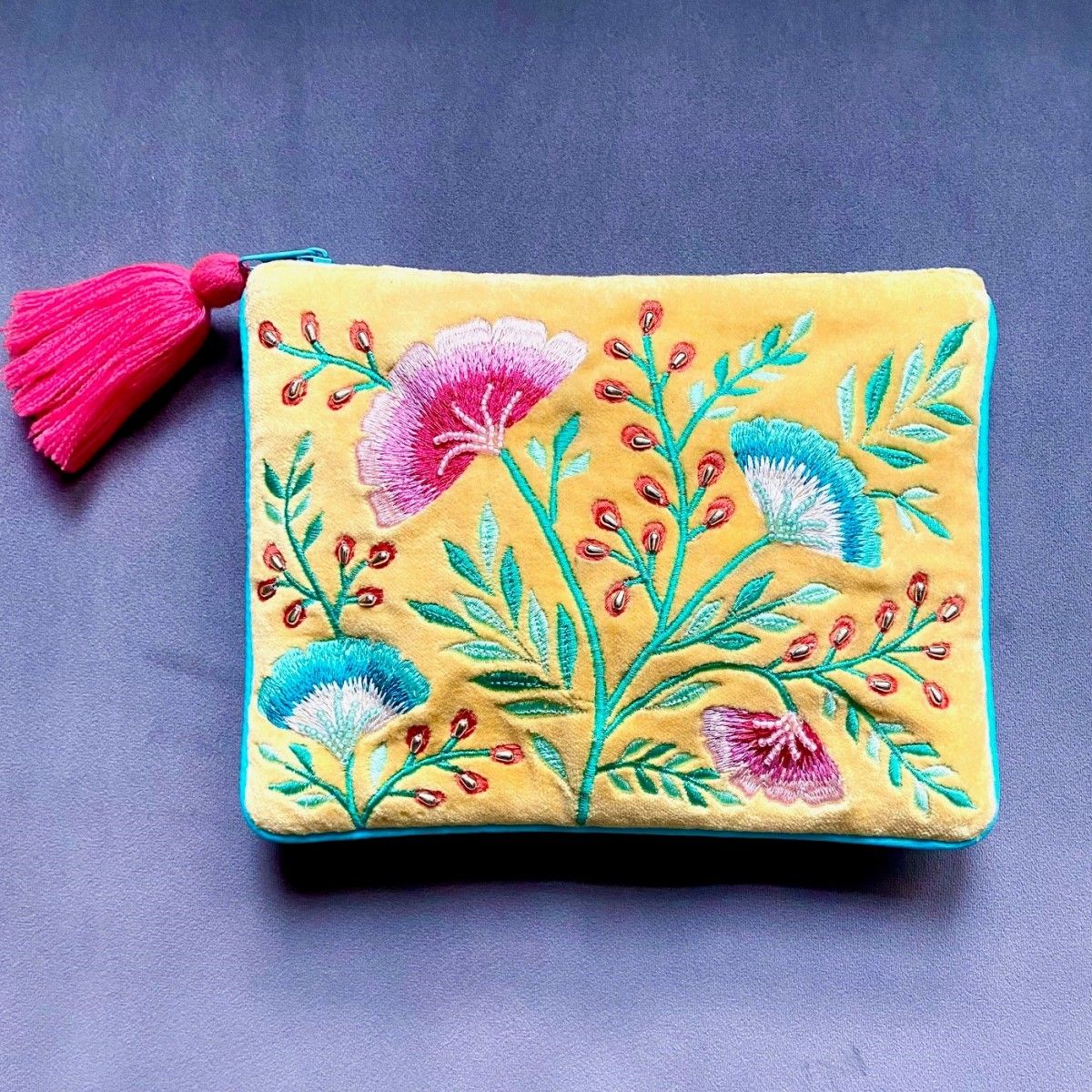 Mustard with Turquoise and Pink Detailing