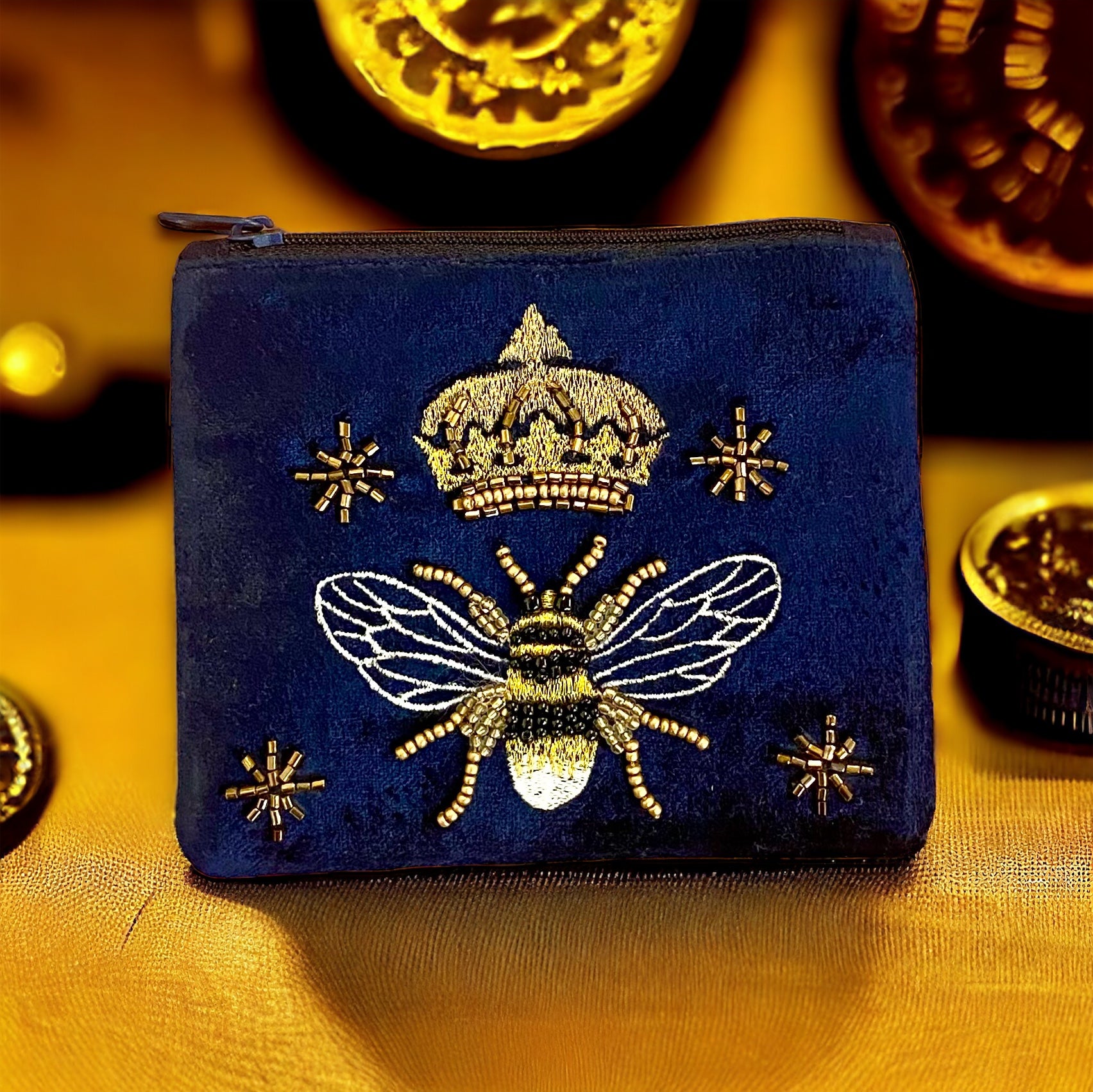 Blue and gold purse sale