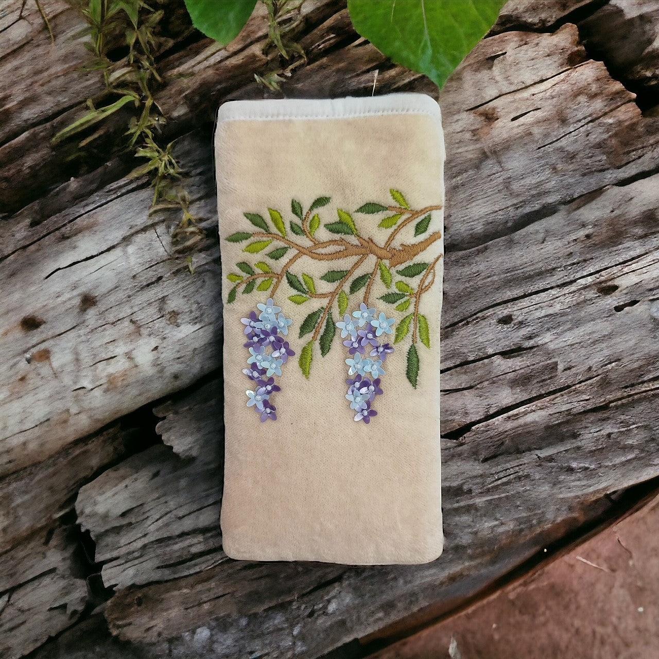 Beaded Wisteria on Cream Cotton Velvet Glasses Pouch