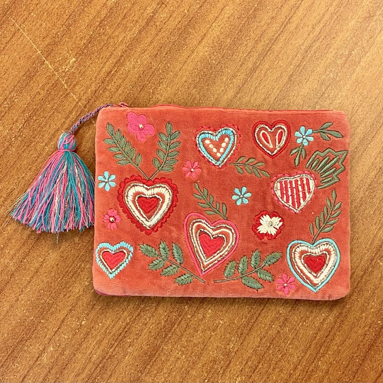 The Hearts & Flowers on Pink Cotton Velvet Zipped Pouch with Tassel