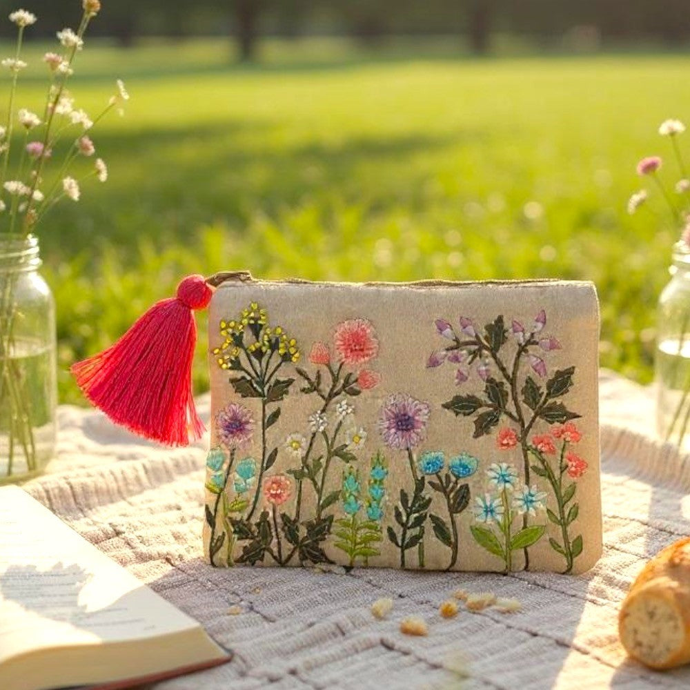 NEW Grey with Wildflowers Detailing Bag with Tassel