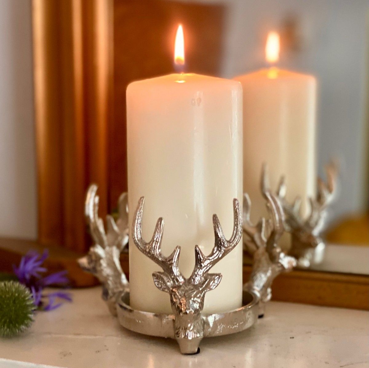 Three Stag Heads Pillar Candle Holder