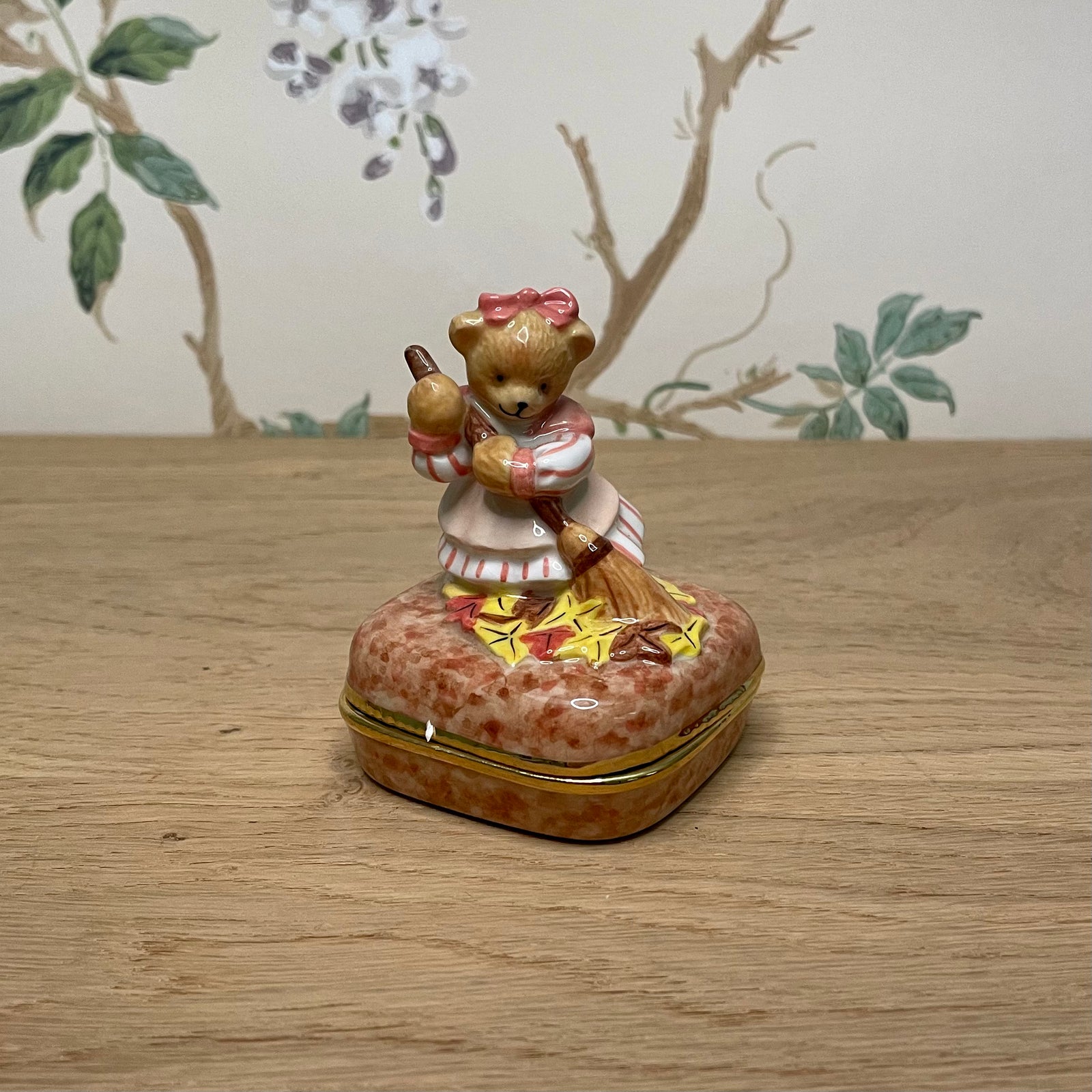 Teddy Bear Sweeping Porcelain Trinket Box