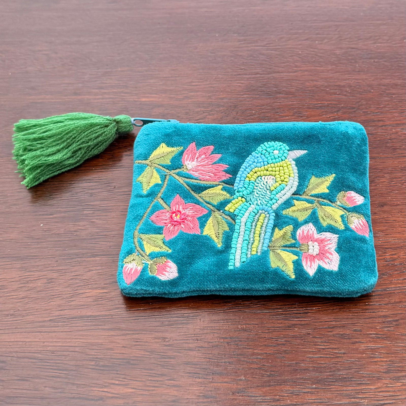 NEW Beaded Blue Bird on Teal Coin Purse