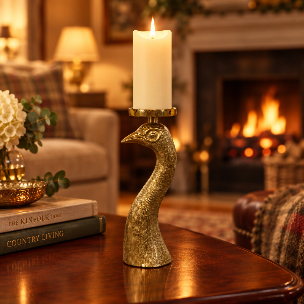 NEW "Percy" The Gold Peacock Pillar Candle Holder