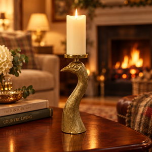 NEW "Percy" The Gold Peacock Pillar Candle Holder