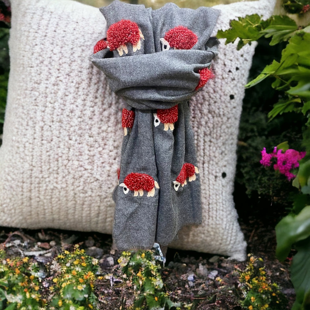 Burgundy Mohair Sheep on Charcoal Scarf