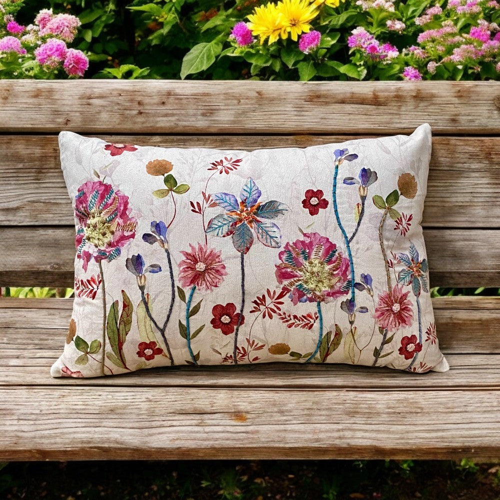 Rectangle Embroidered Cushion, Country flowers on a natural background