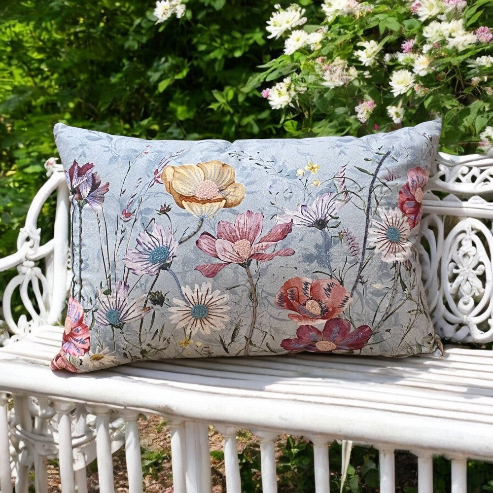 Rectangle Embroidered Cushion, Pink and Yellow flowers on a Blue background