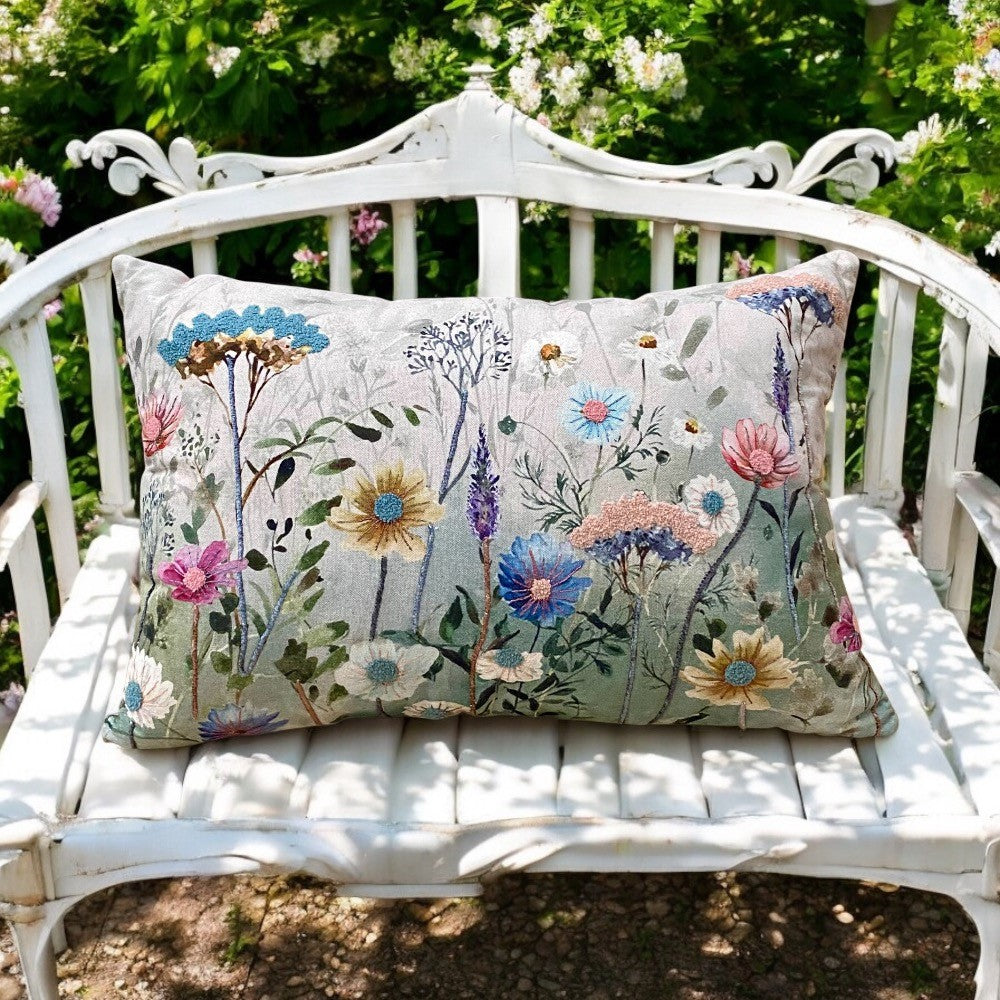 Rectangle Embroidered Cushion, Blue, Yellow, and Pink flowers