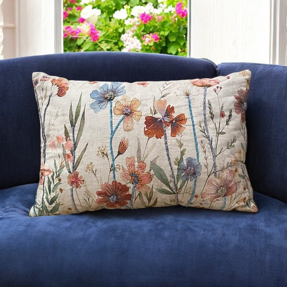 Rectangle Embroidered Cushion, yellow, orange, and red Flowers