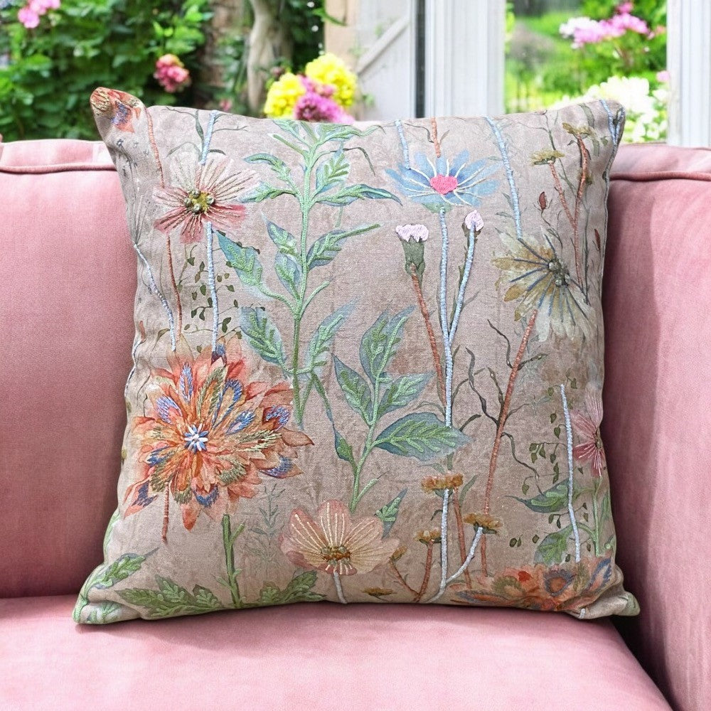 Square Embroidered Cushion, Peach & Green Leaves on Beige