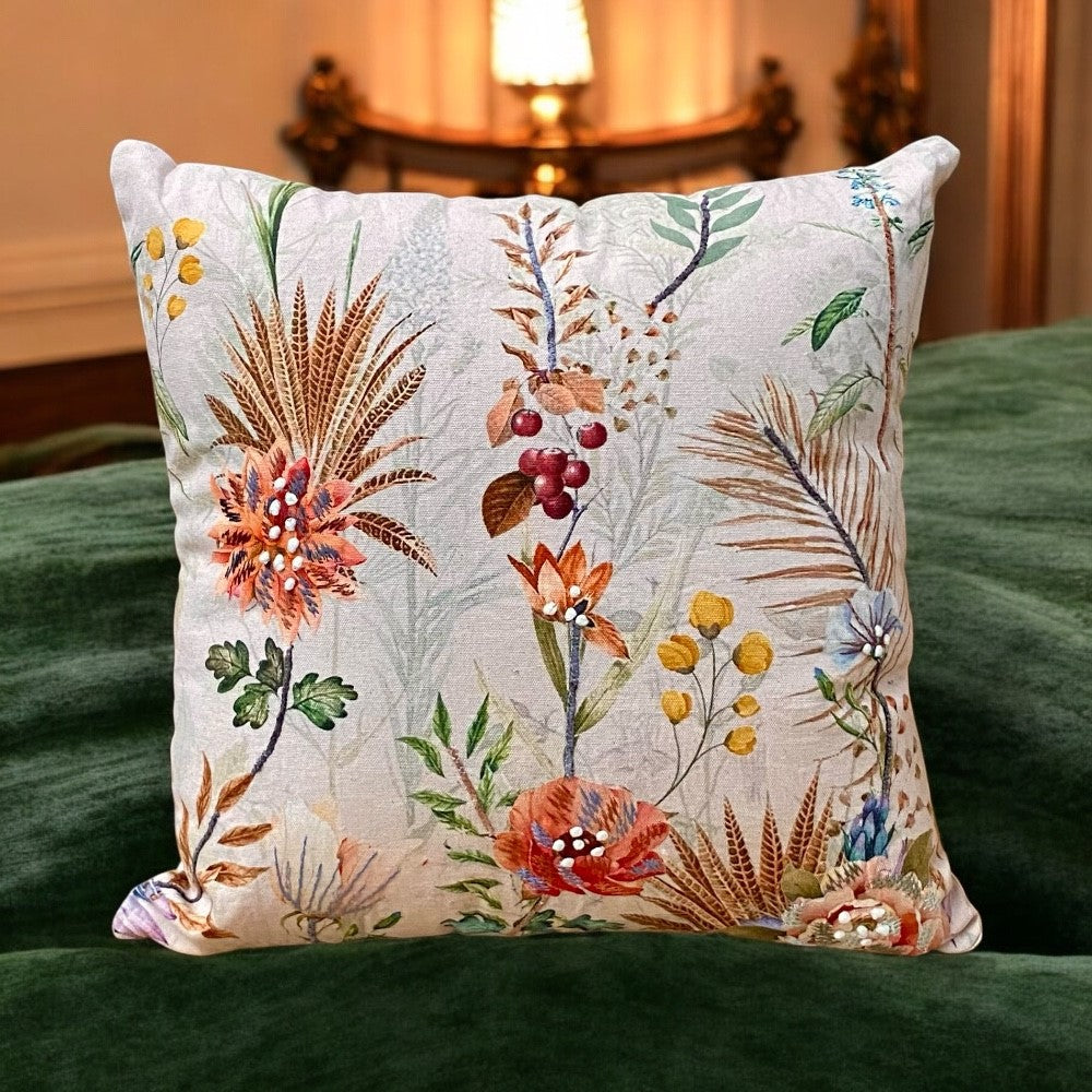 Square Embroidered Cushion, Pheasant Feathers & Wild Berries