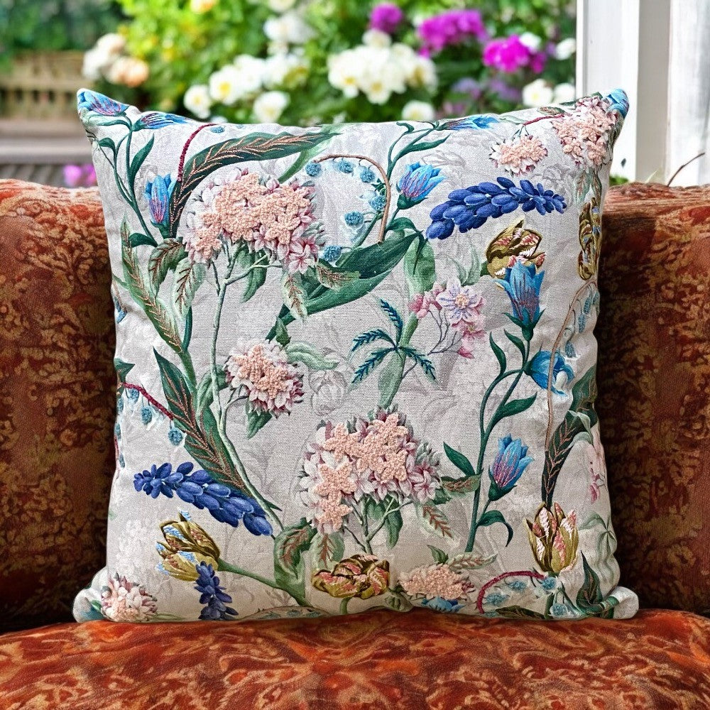 Square Embroidered Cushion, blue and pink flowers on a grey background