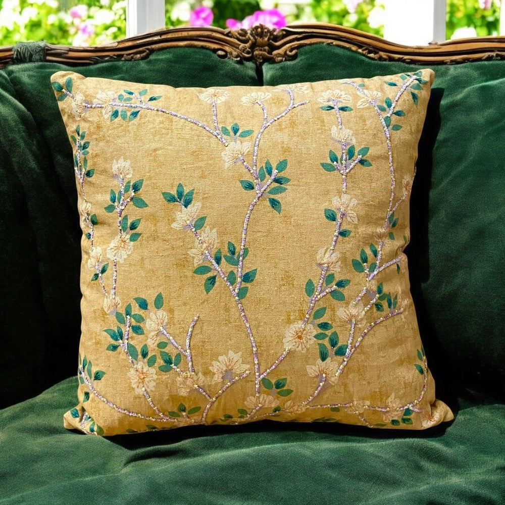 Square Embroidered Cushion, yellow flowers and vines on gold background