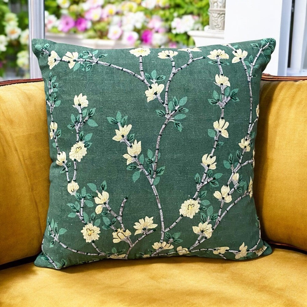 Square Embroidered Cushion, yellow flowers and vines on green background