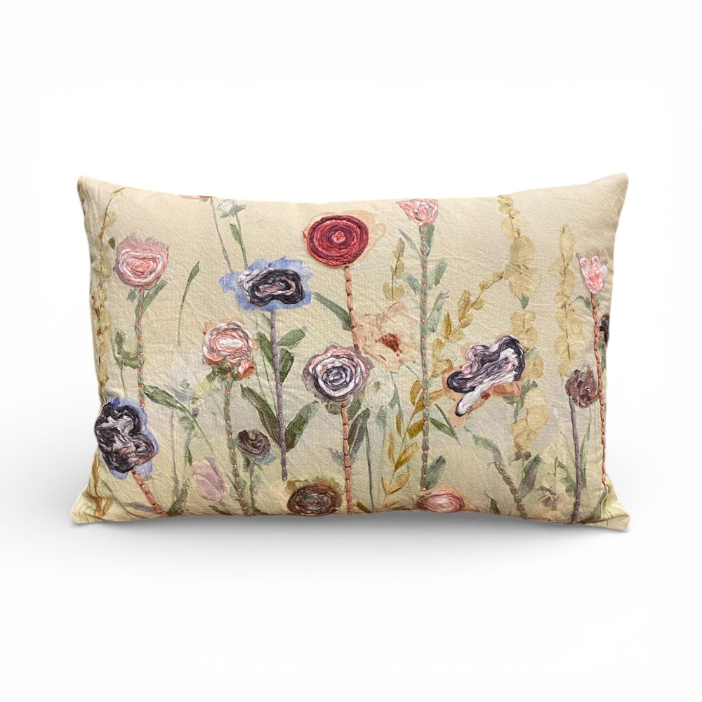 NEW Ranunculus Embroidered Cushion, Blue, Lilac, Pink and Red Poppies