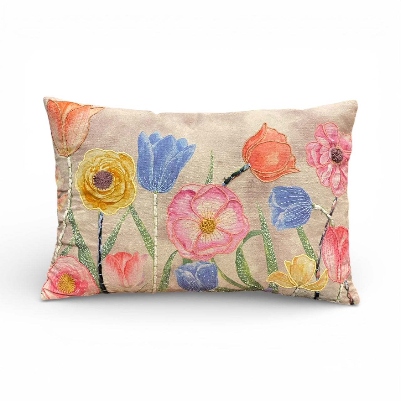 NEW Tulips Embroidered Cushion, Blues, Yellows and Pinks