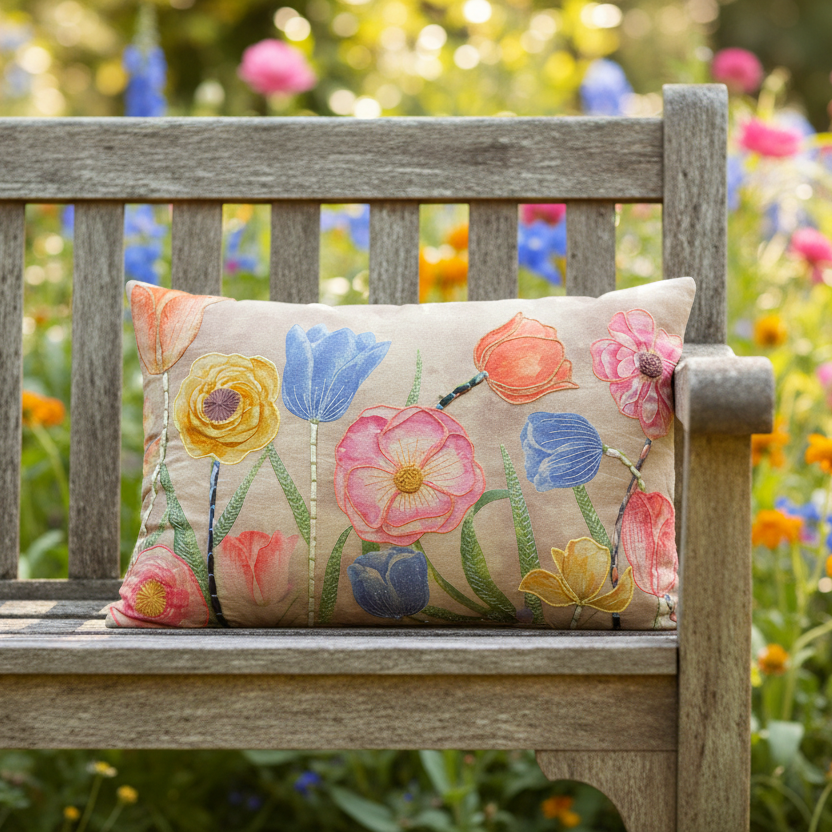 Garden Flowers Embroidered Cushion, Blues, Yellows and Pinks