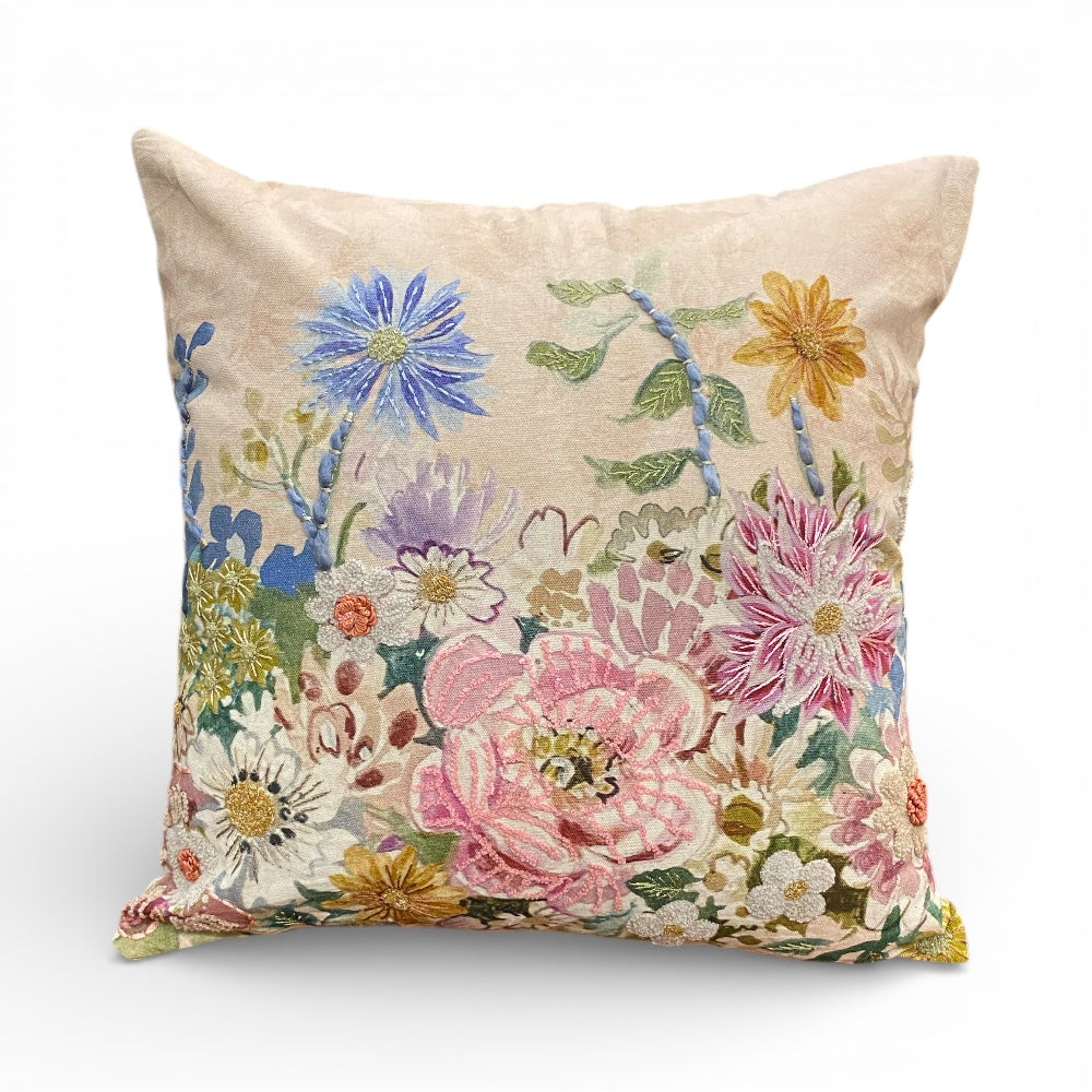 NEW Peony & Dahlias Embroidered Cushion, Pinks, Whites, Yellows and Blues