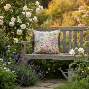 NEW Peony & Dahlias Embroidered Cushion, Pinks, Whites, Yellows and Blues