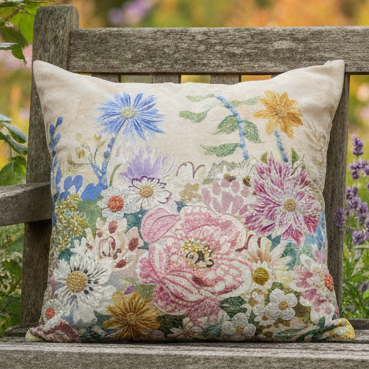NEW Peony & Dahlias Embroidered Cushion, Pinks, Whites, Yellows and Blues