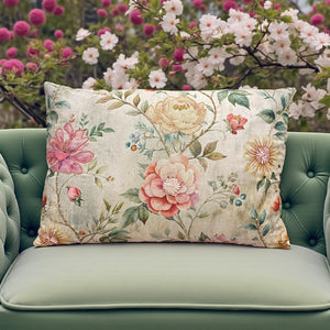 NEW Stately Home Garden Embroidered Cushion, Pinks, Yellows and Green Leaves & Stems