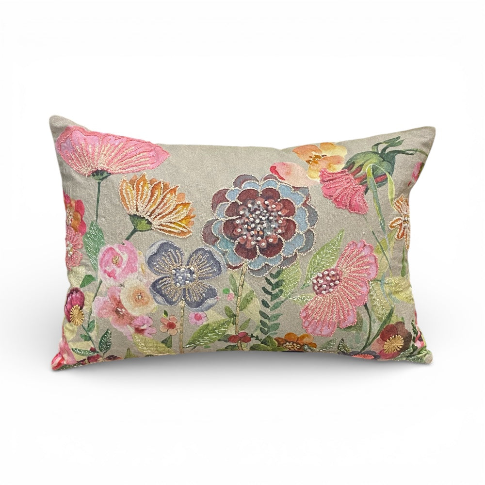 NEW Passion Garden Embroidered Cushion, Purples, Pinks, Yellows and Oranges