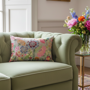 NEW Passion Garden Embroidered Cushion, Purples, Pinks, Yellows and Oranges