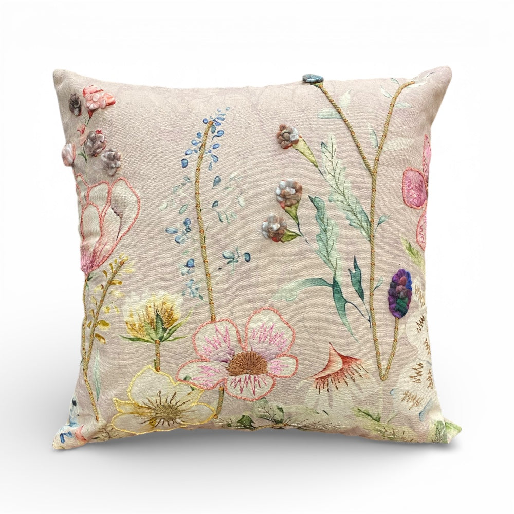 NEW Delphinium & Giant Poppies Embroidered Cushion, Pinks, Blues, Yellows and Greens