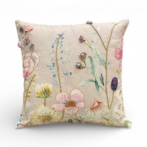 NEW Delphinium & Giant Poppies Embroidered Cushion, Pinks, Blues, Yellows and Greens