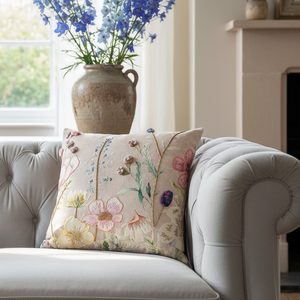 NEW Delphinium & Giant Poppies Embroidered Cushion, Pinks, Blues, Yellows and Greens