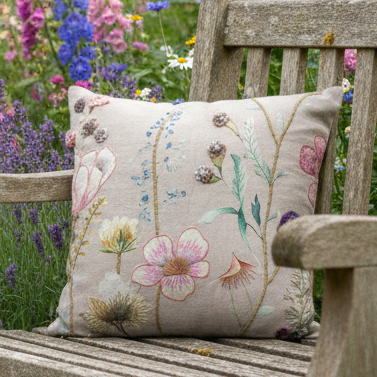 NEW Delphinium & Giant Poppies Embroidered Cushion, Pinks, Blues, Yellows and Greens
