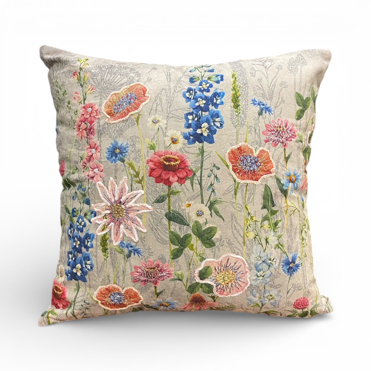 NEW Delphinium, Poppies & Corn Flowers Embroidered Cushion, Pinks, Blues, Reds and Greens