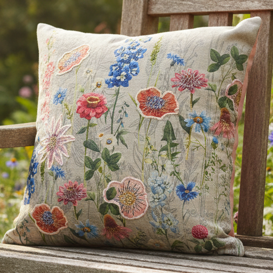 NEW Delphinium, Poppies & Corn Flowers Embroidered Cushion, Pinks, Blues, Reds and Greens