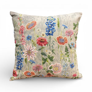 NEW Delphinium, Poppies & Corn Flowers Embroidered Cushion, Pinks, Blues, Reds and Greens