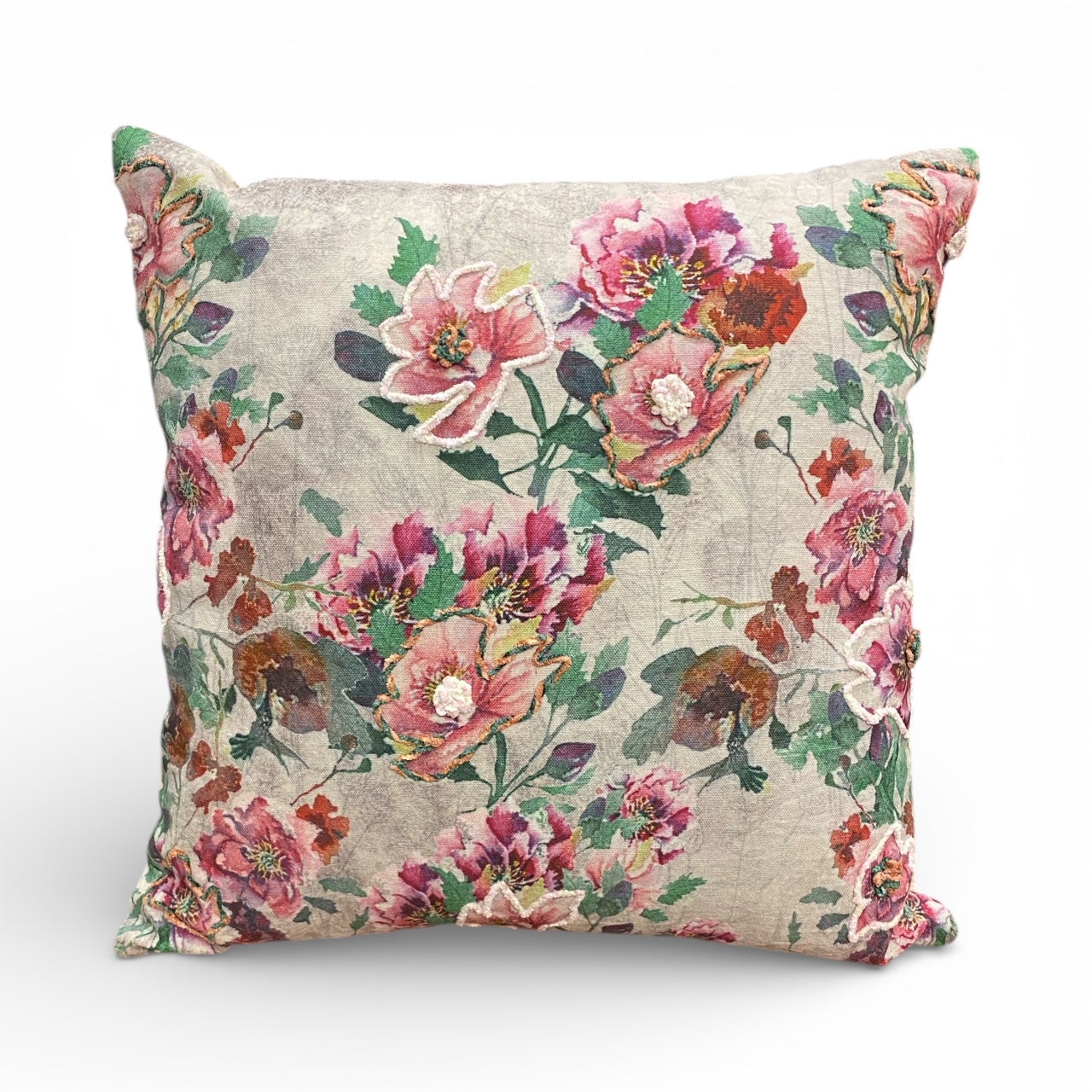 NEW Climbing Rose Embroidered Cushion, Reds and Greens