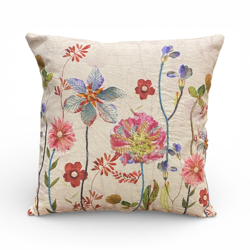 NEW Iris and Cottage Garden Flowers Embroidered Cushion, Purples, Reds and Greens