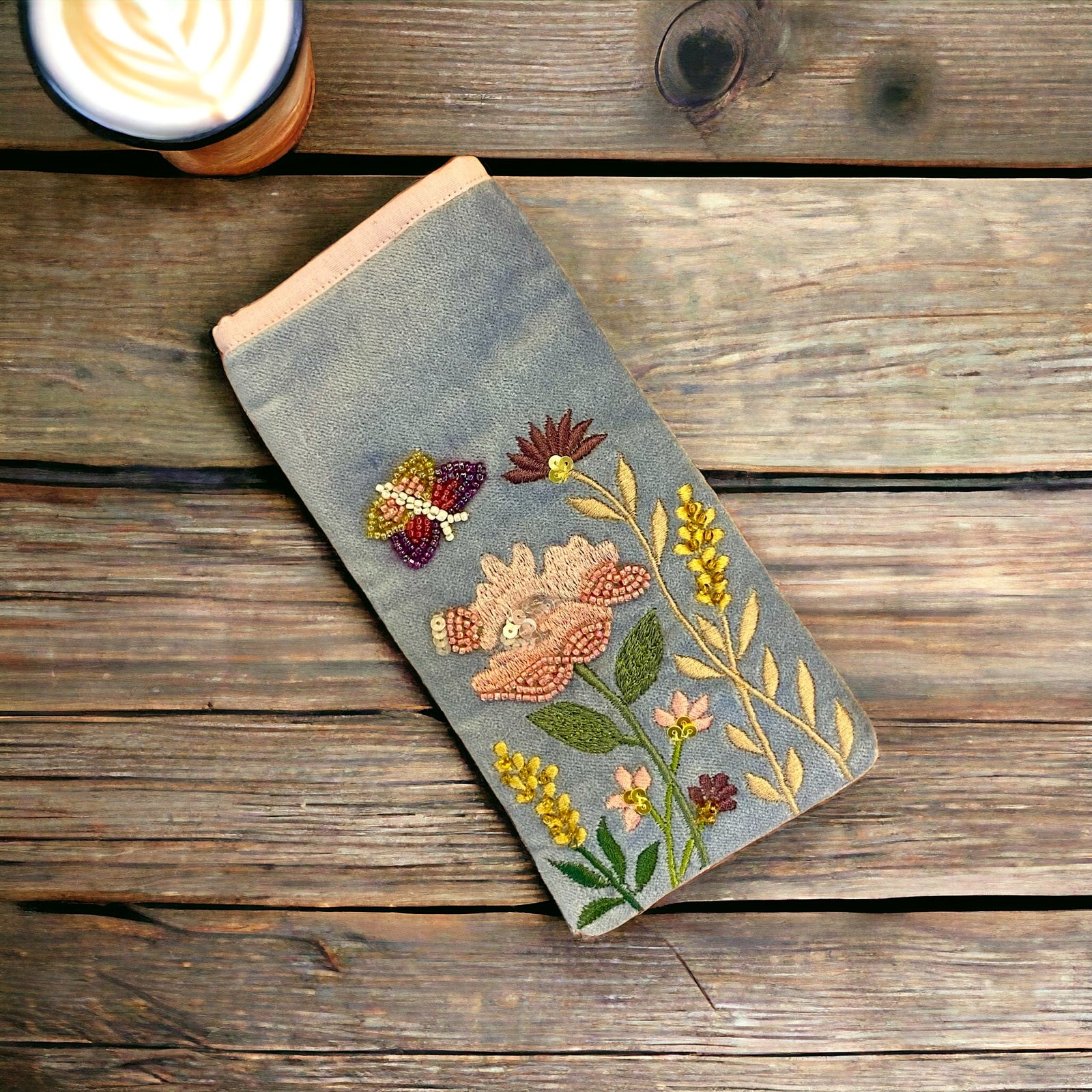 The Flower Garden Glasses Pouch on Pale Blue Cotton Velvet