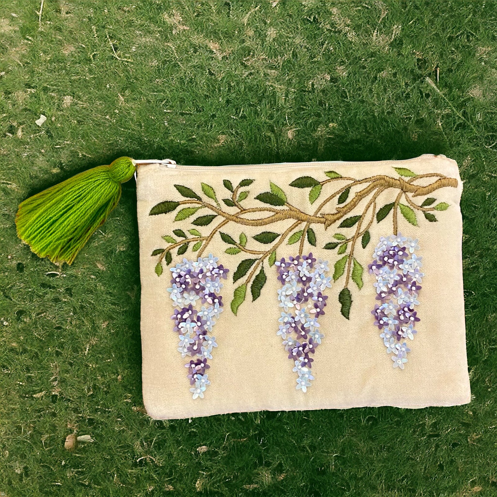 The Wisteria on Cream Cotton Velvet Zipped Pouch