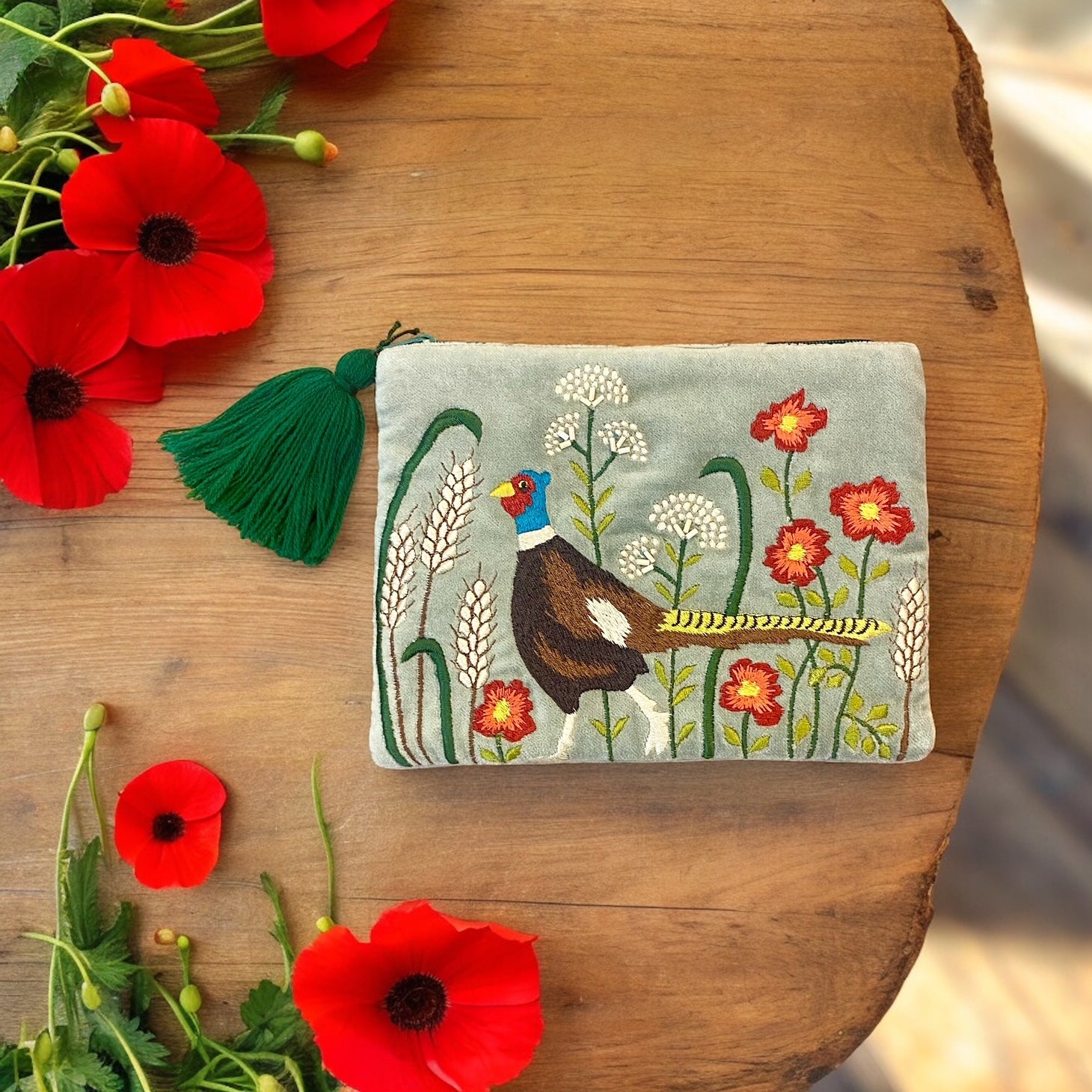 Pheasant & Flowers on Soft Grey Cotton Velvet Zipped Pouch