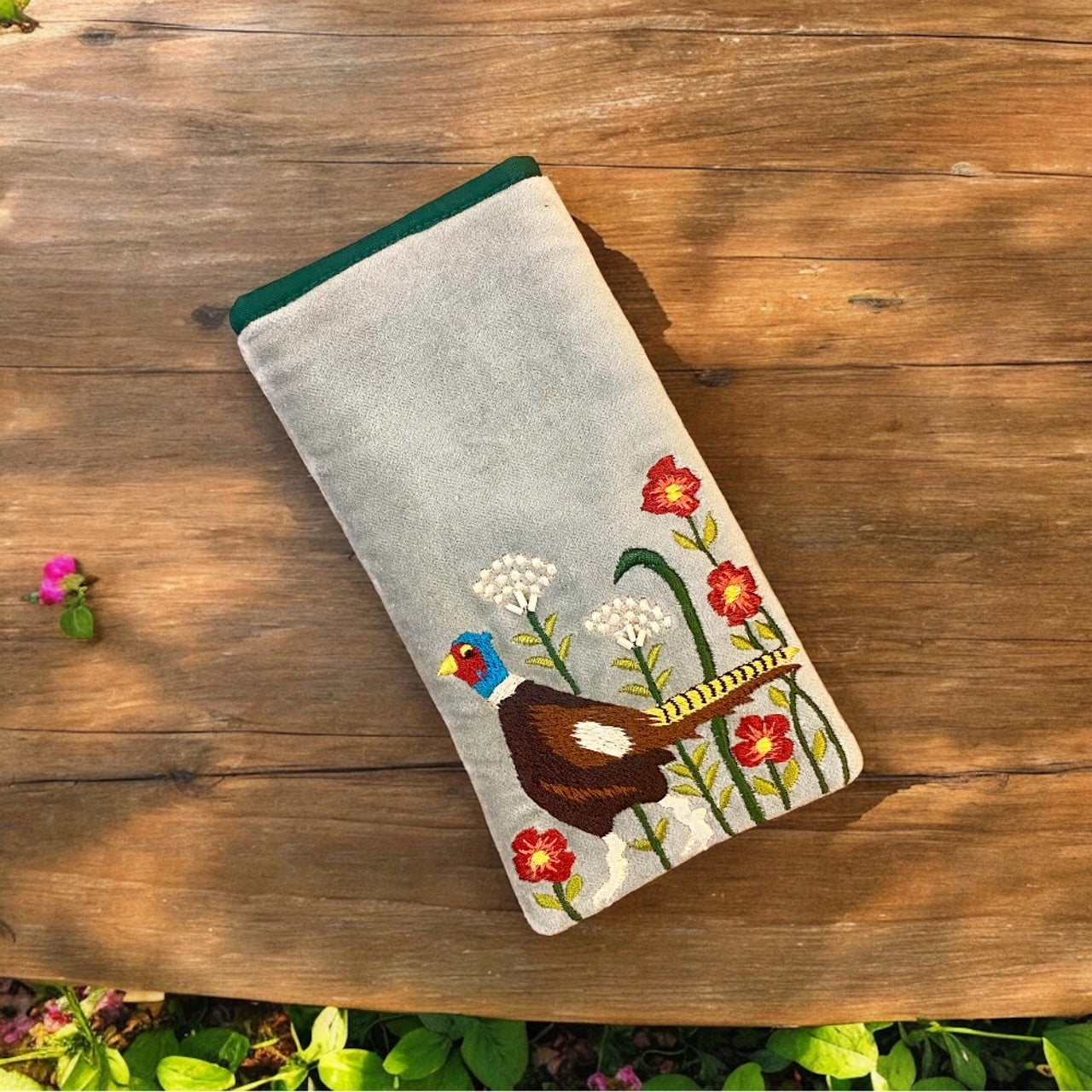 Pheasant Glasses Pouch on Soft Grey Cotton Velvet