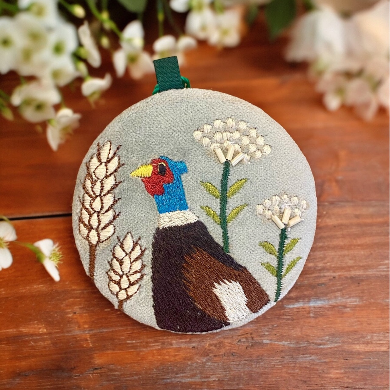 Pheasant Cotton Velvet Mirror on Soft Grey