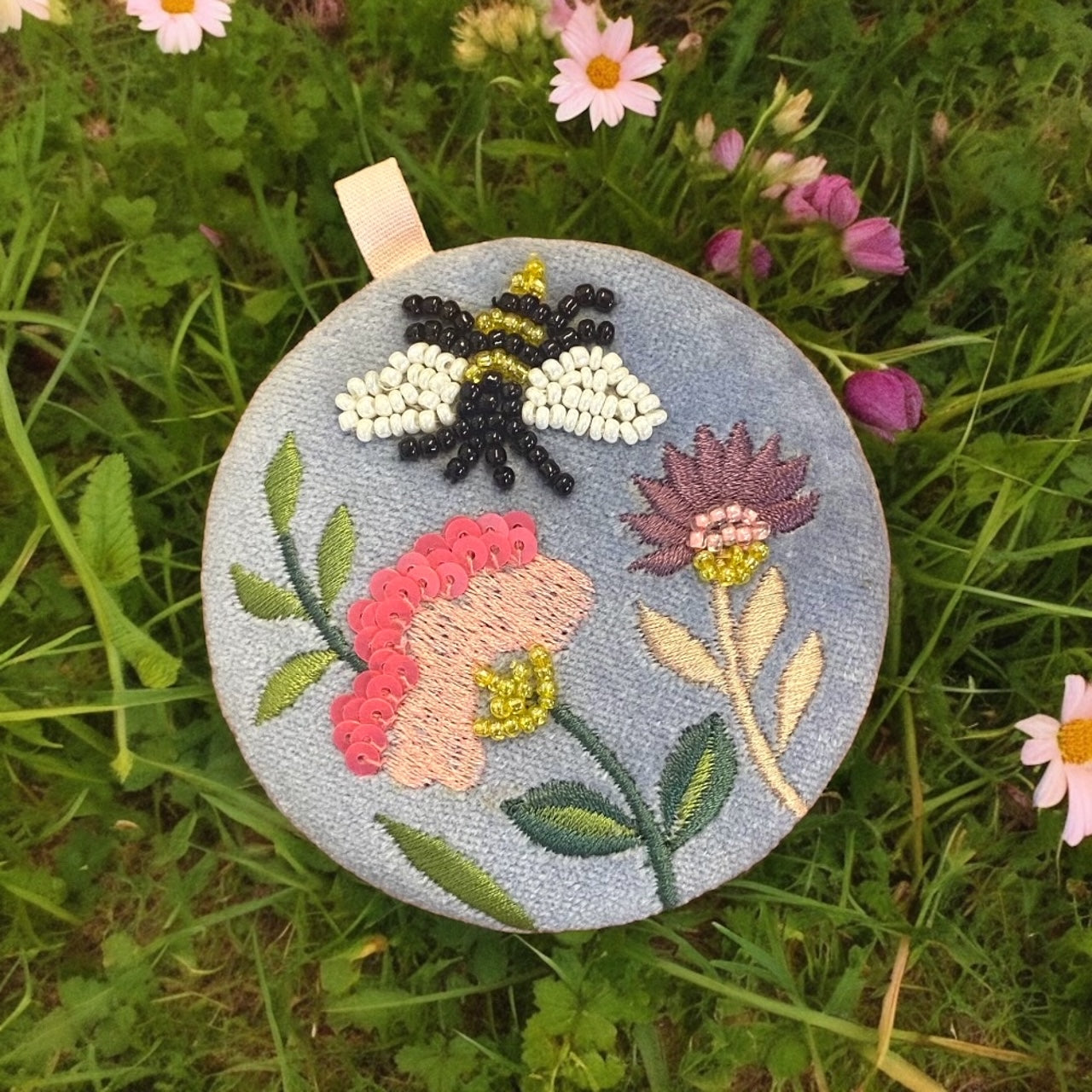 Flowers and Bees Cotton Velvet Mirror on Pale Blue