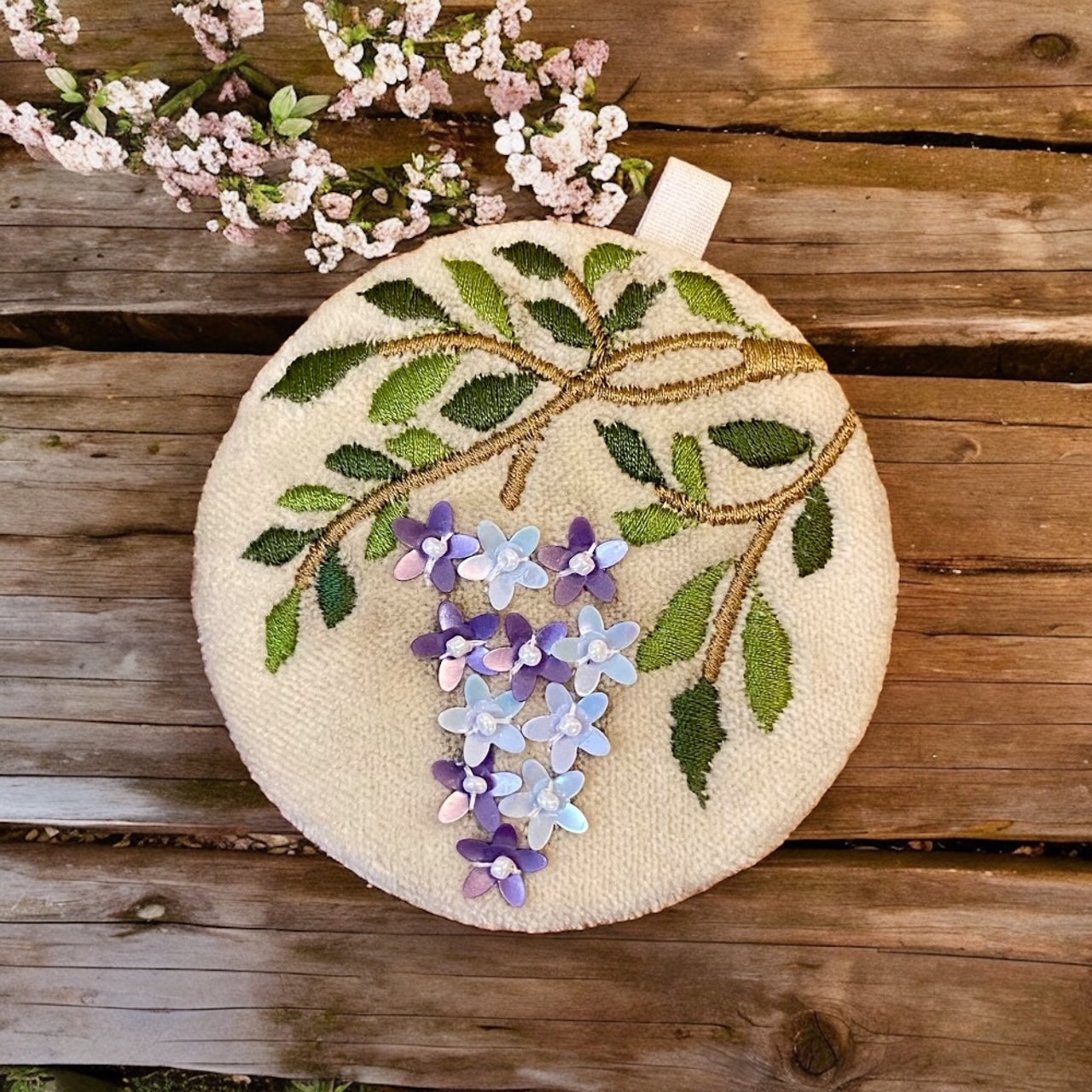 Beaded Wisteria Cotton Velvet Mirror on Cream