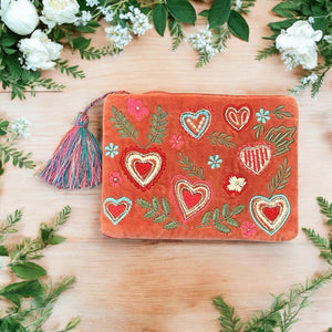 The Hearts & Flowers on Pink Cotton Velvet Zipped Pouch with Tassel