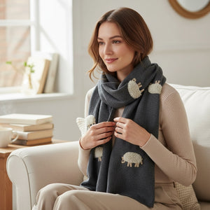 White Mohair Sheep on Charcoal Scarf