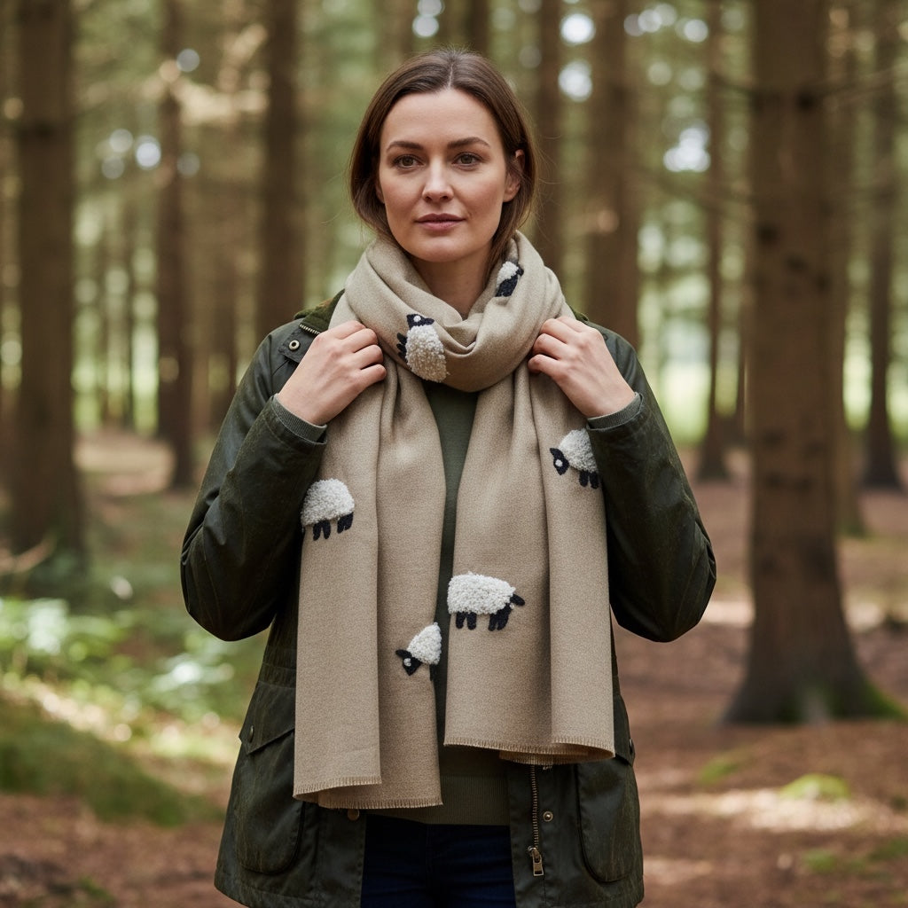 White Mohair Sheep on Beige Scarf