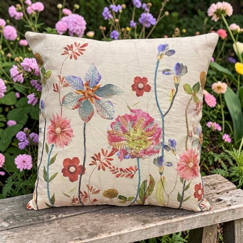 NEW Iris and Cottage Garden Flowers Embroidered Cushion, Purples, Reds and Greens