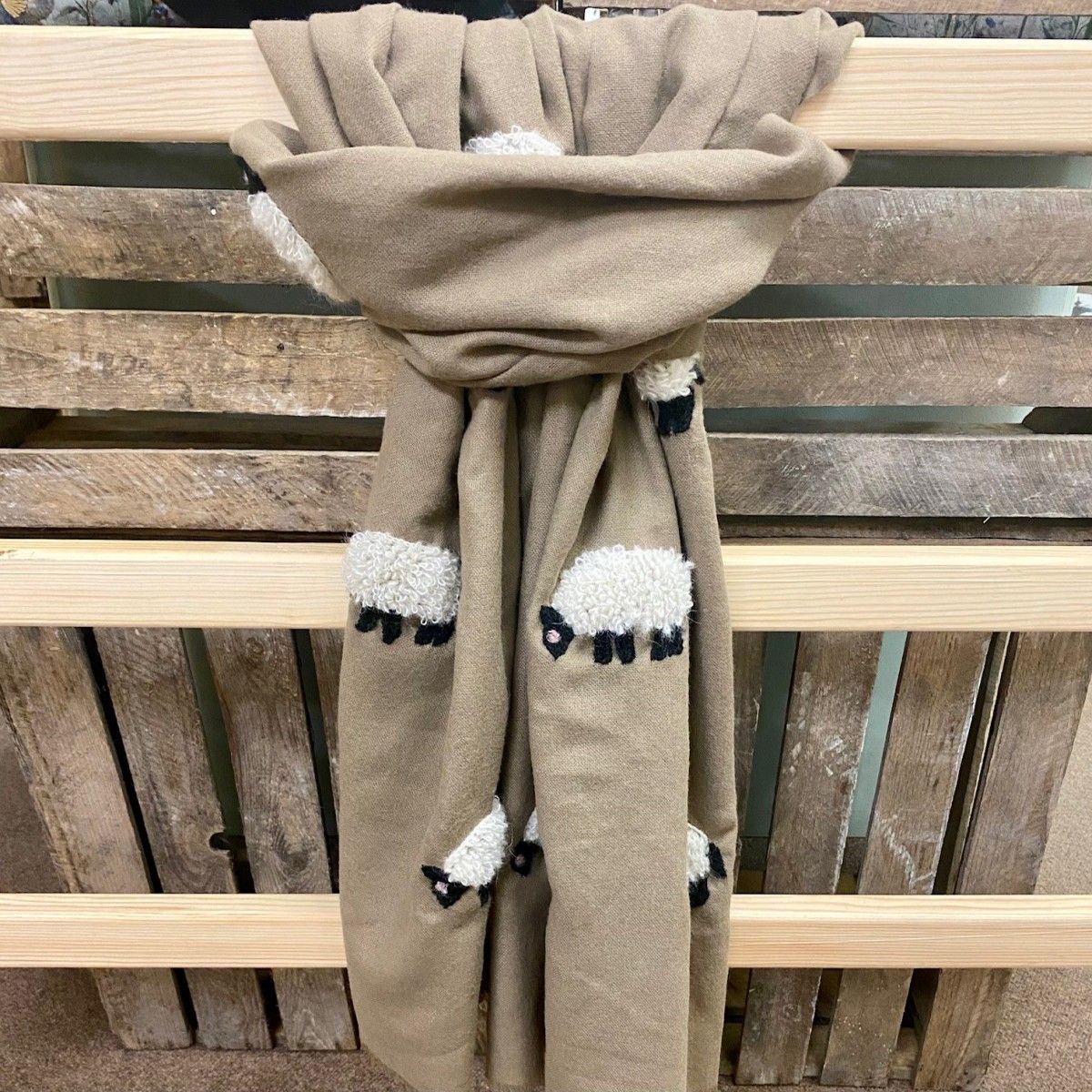 White Mohair Sheep on Beige Scarf